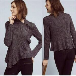 Anthropologie Knitted & Knotted Asymmetrical Ruffle Ribbed Marled Sweater - XS